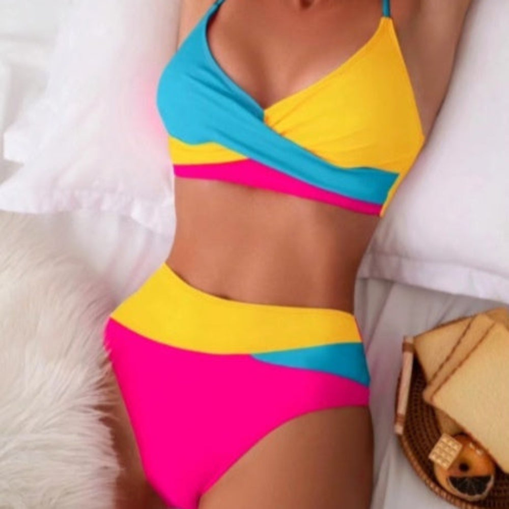 Colorblock bikini set in pink, yellow and blue with twist front top and high-waisted bottom.
