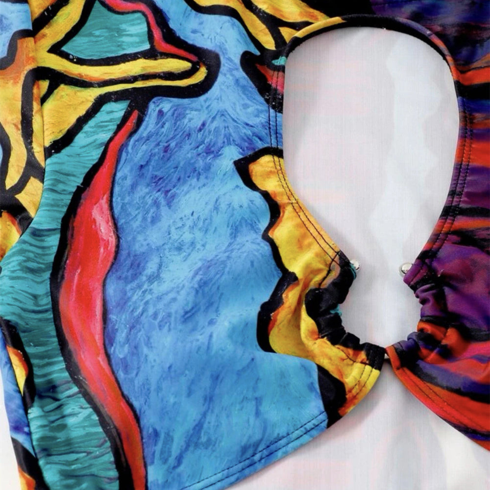 Colorful abstract patterned garment on a mannequin