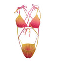 Ombre pink yellow bikini set with crisscross strappy triangle top and ruched bottom.