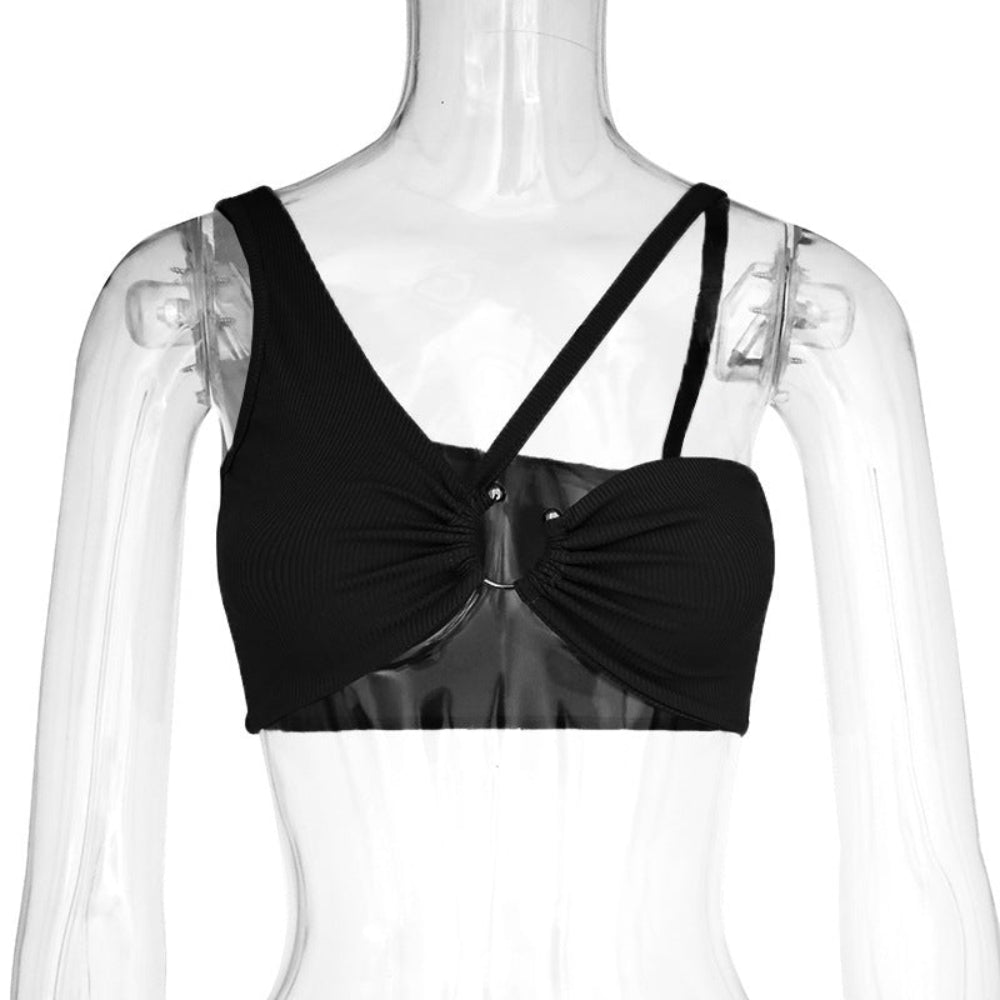 Black ribbed bralette with front ruched gathering, silver O-ring hardware, and adjustable crisscross back straps, displayed on a clear mannequin.