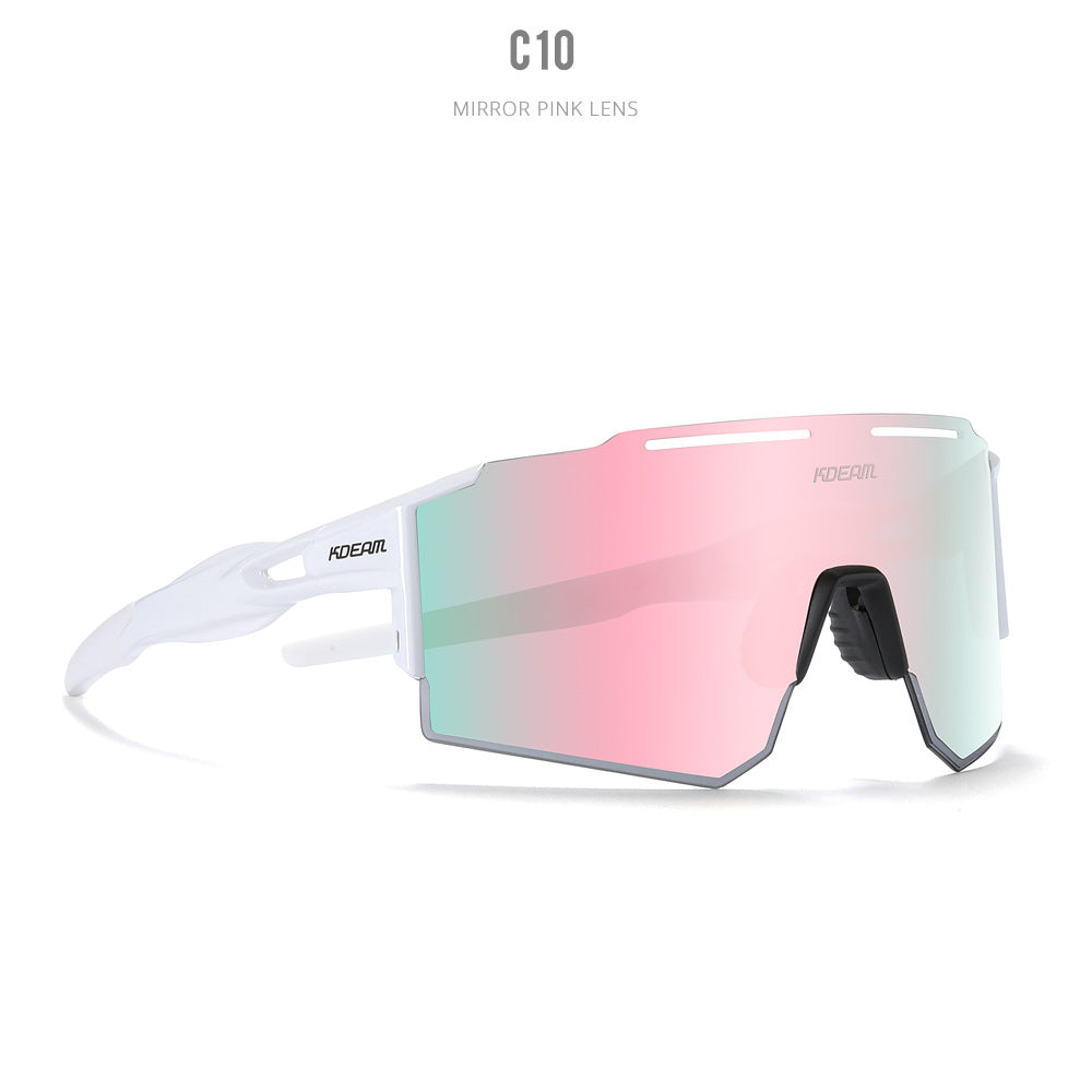 White Oakley-style sport sunglasses with pink-green iridescent mirrored shield lens