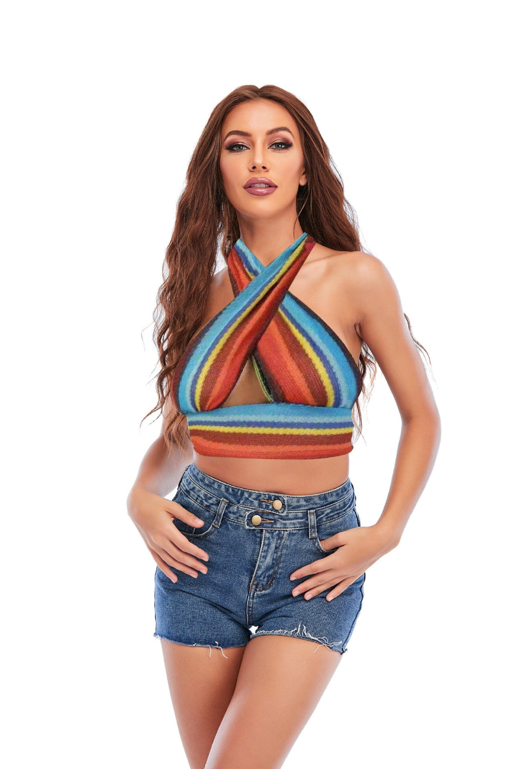 Multi Stripe Crisscross Halter Crop Top - Orange Blue Yellow Striped Twist Front Cutout Knit Crop Top for Women
