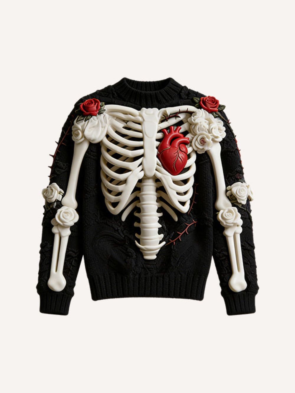 Black knit sweater with a 3D ribcage, red heart, roses, and thorn embroidery, product photo on a cream background.