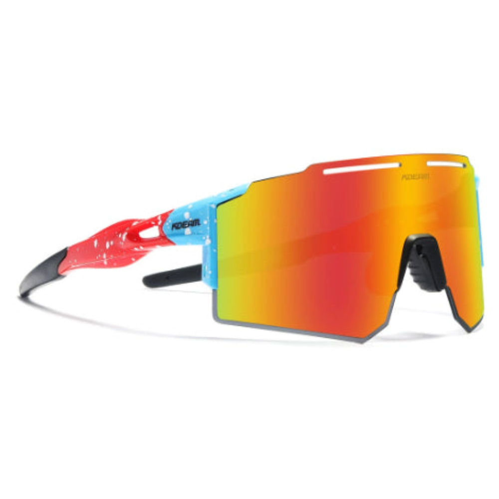 Red and blue Oakley-style sport sunglasses with orange-red iridescent mirrored shield lens
