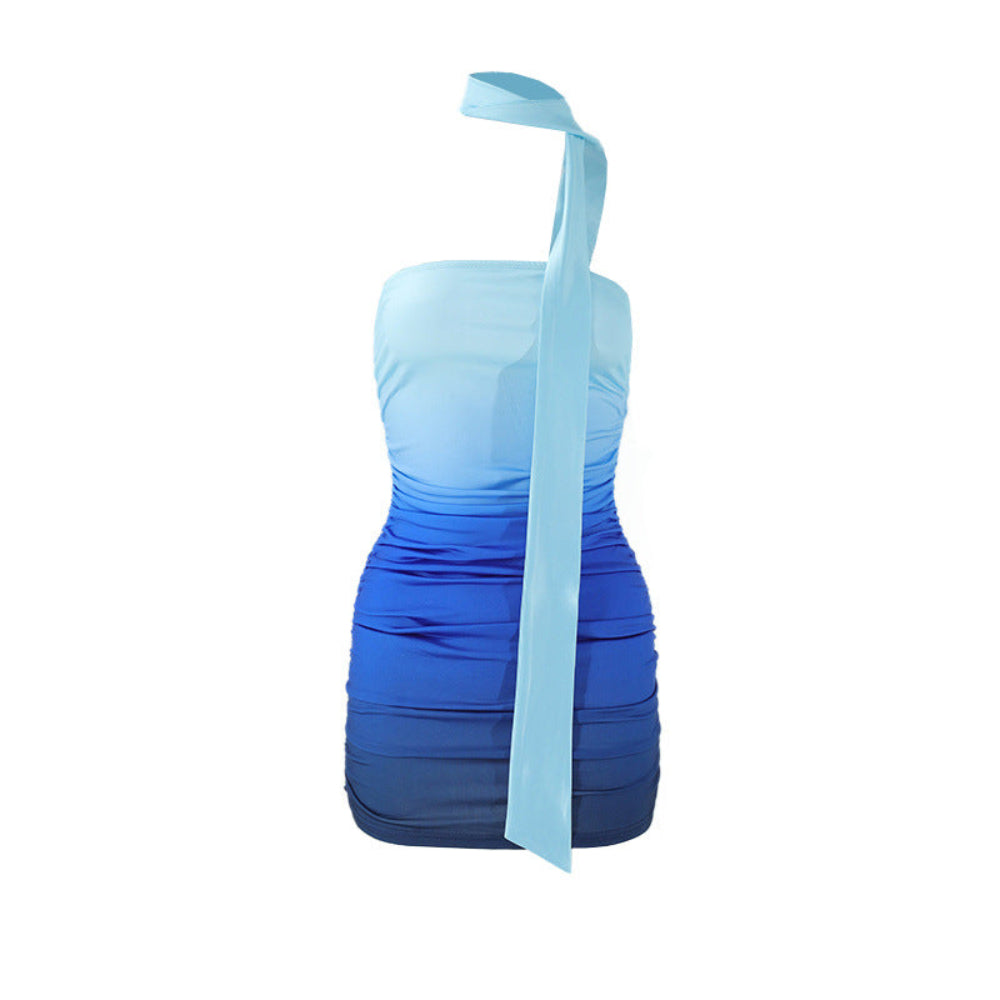 "Blue gradient one-shoulder bodycon mini dress with ruched detailing and a long matching fabric tie, displayed on a mannequin against a plain white background."