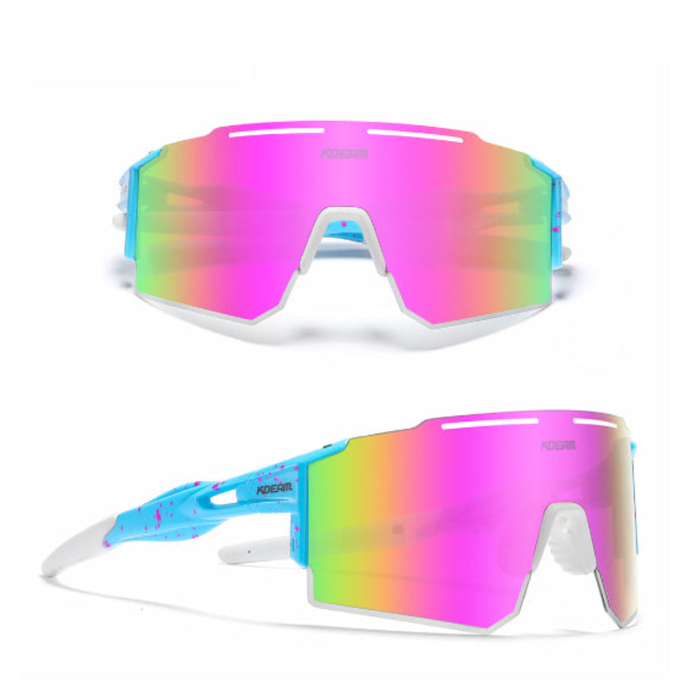 Multicolored sunglasses with blue frame on a white background