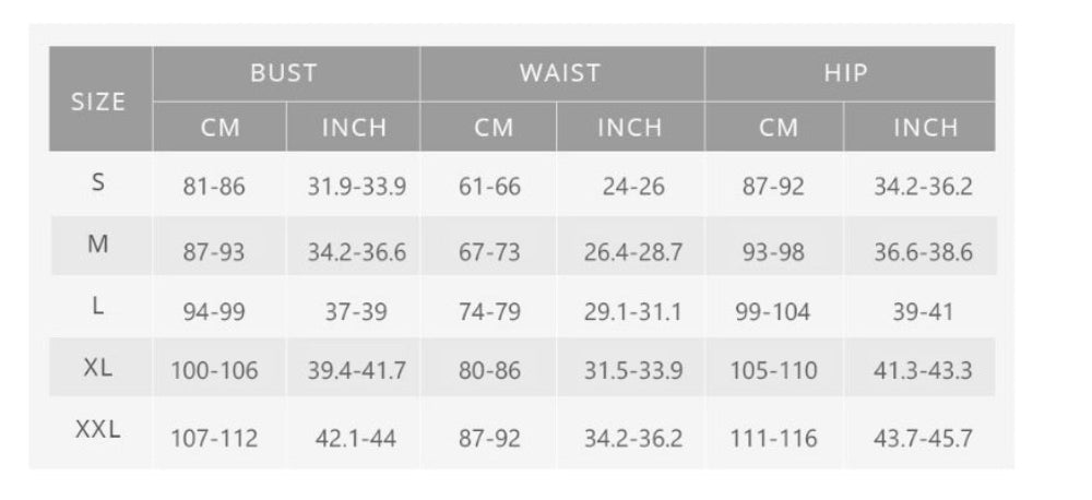 Swimwear size chart with Bust, Waist and Hip measurements in CM and inches for sizes S, M, L, XL, XXL.