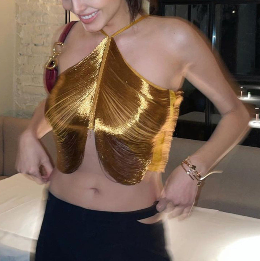 Gold Metallic One-Shoulder Crop Top - Shiny Gold Draped Leaf Design Halter Crop Top for Women