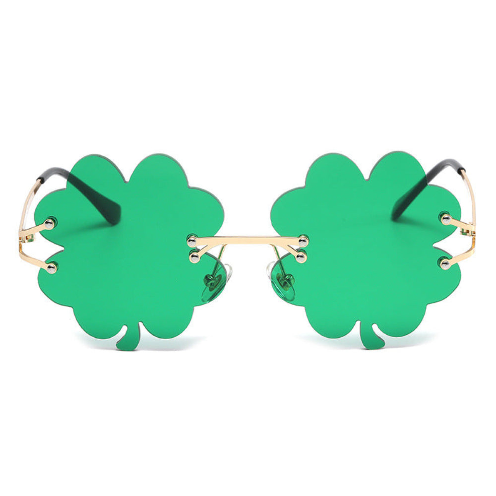 Rimless green shamrock sunglasses with gold frames, product photo on a white background.