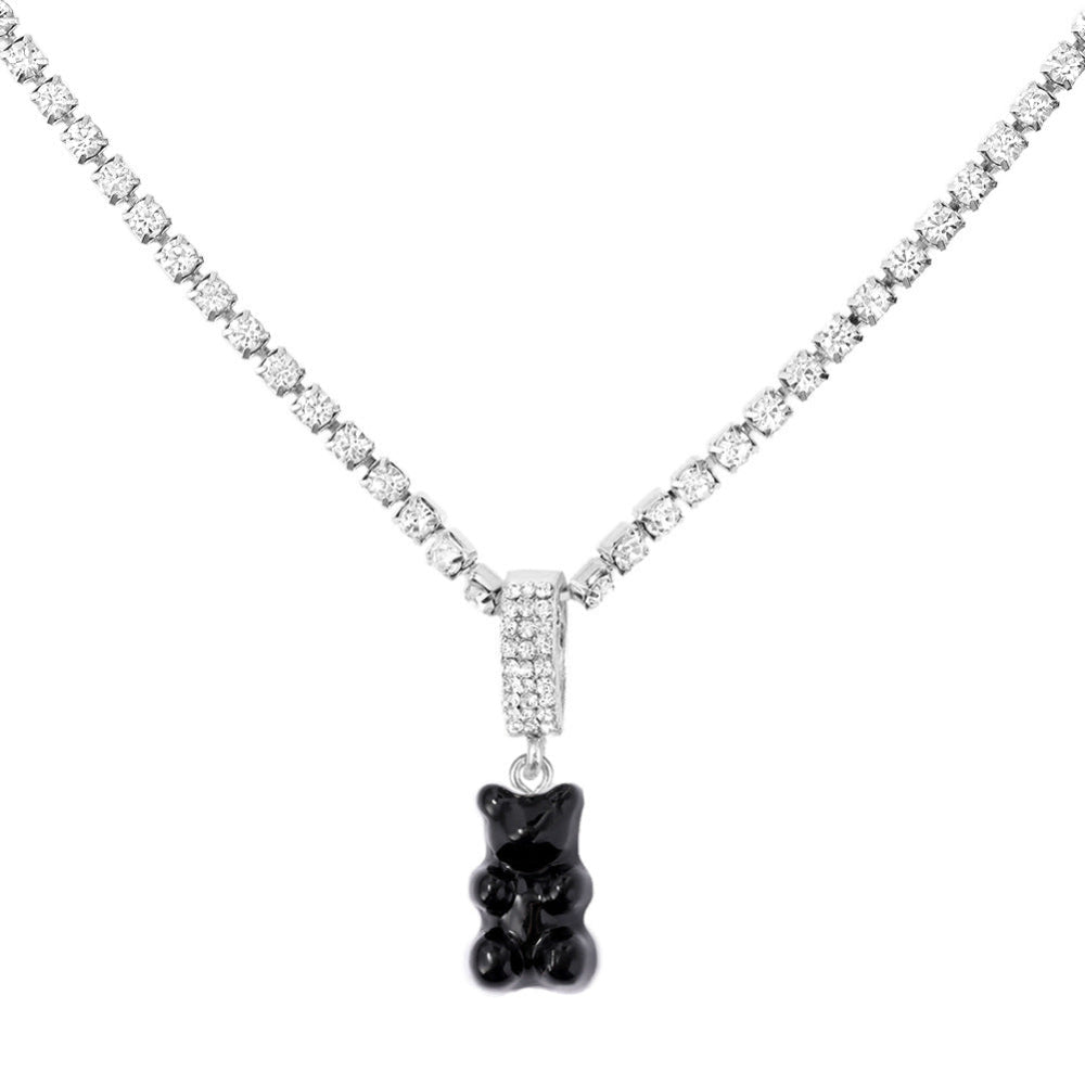 Tennis chain necklace with black gummy bear pendant – trendy silver bling chain with fun bear charm, statement jewelry