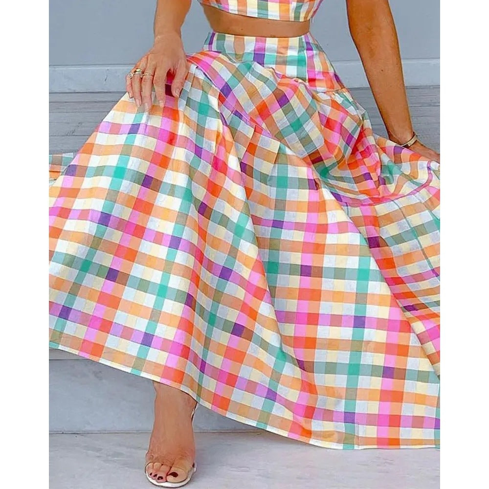 Rainbow Plaid Bow-Tie Pop Crop Skirt Set