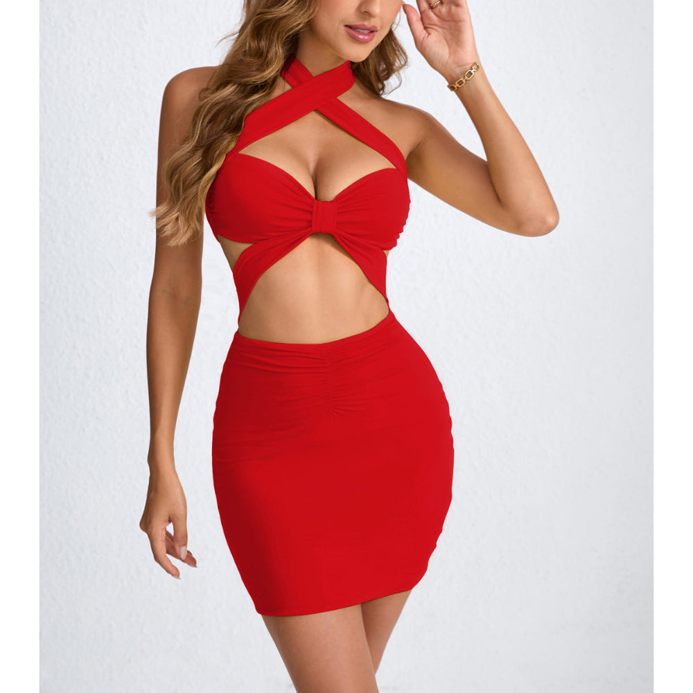 "Woman in a red cut-out halter mini dress with criss-cross straps and front twist detail, posing on a white background"