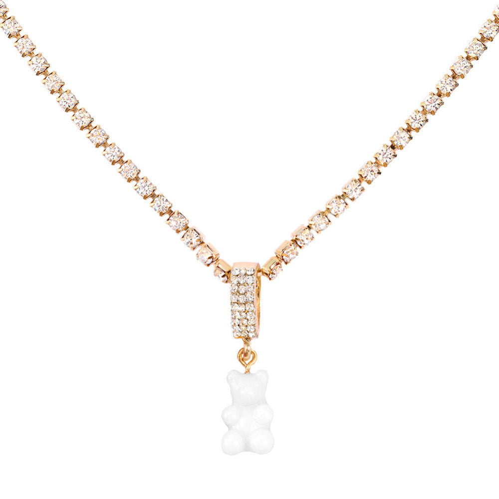 Sparkling silver tennis chain necklace featuring a fully pavé-style band and a bright white translucent gummy bear pendant hanging from the center. Clean product photography on a plain white background.
