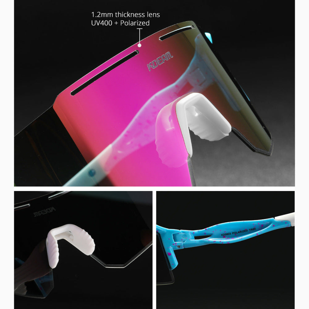 Collage of sunglasses with pink and blue frames, featuring text on lens thickness and UV400 protection.