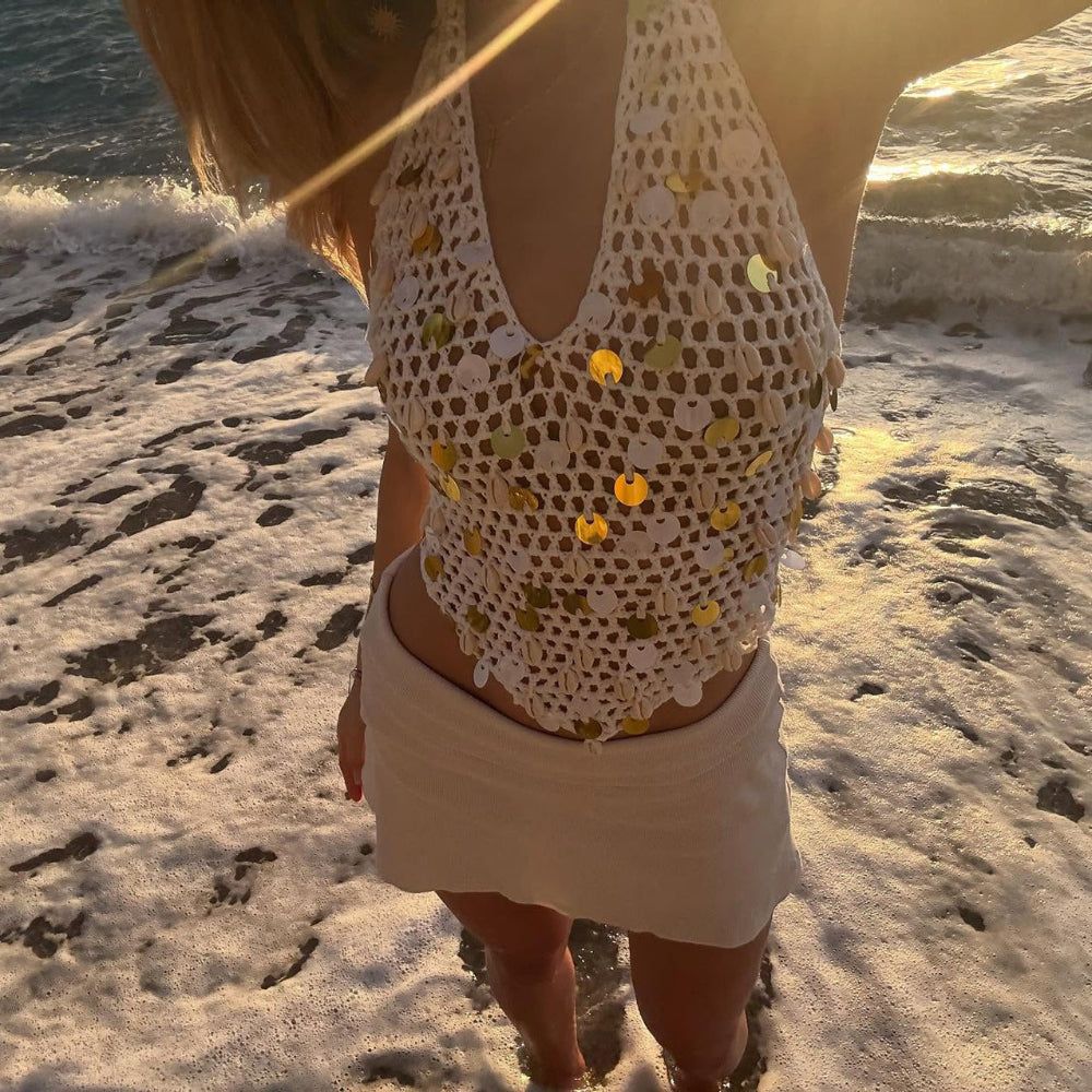 White Crochet Halter Crop Top - Gold Sequin Embellished Open Knit Deep V-Neck Summer Crop Top for Women
