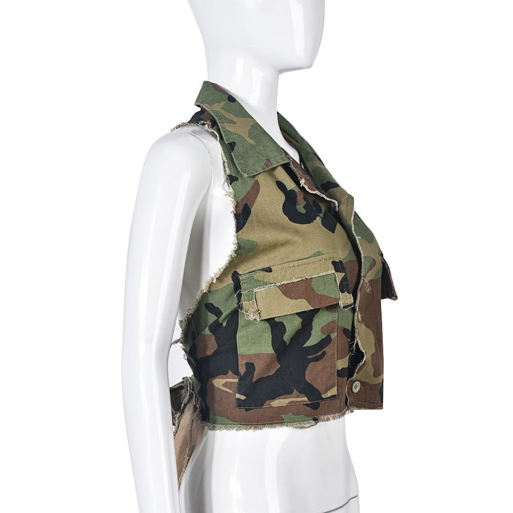 Camouflage Crop Vest - Green Military Print Button Front Collar Frayed Distressed Crop Top for Women