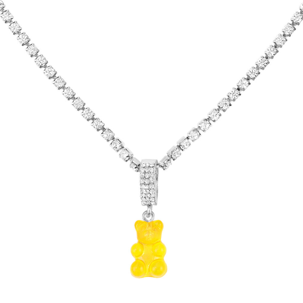 Tennis chain necklace with yellow gummy bear pendant – trendy silver bling chain with fun bear charm, statement jewelry.