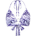 Purple and white patterned bikini top on a white background