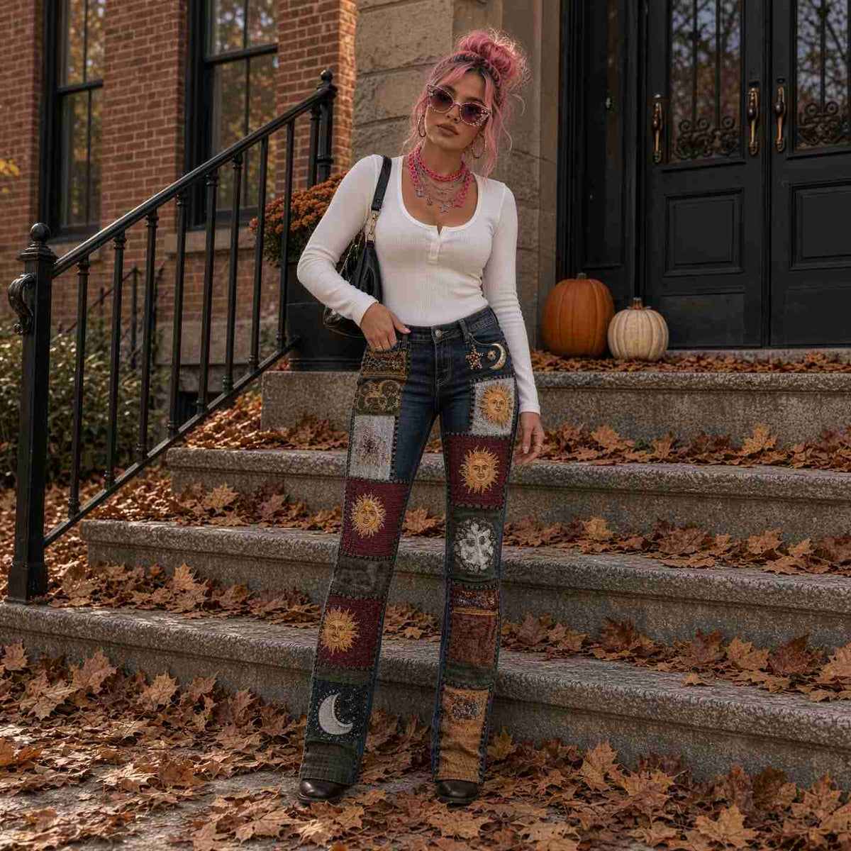 Moon & Sun Crochet Patchwork Pop Jeans
