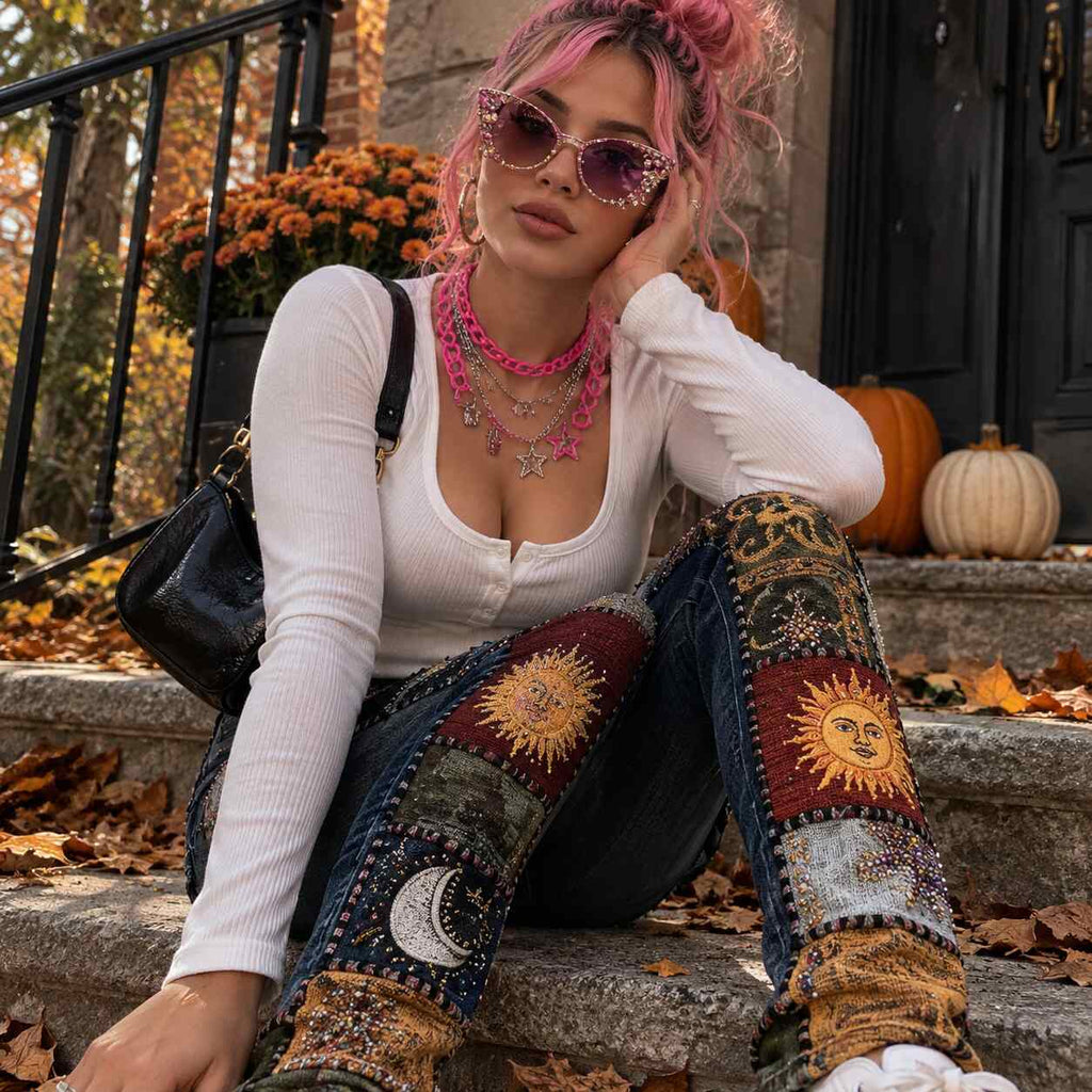 Moon & Sun Crochet Patchwork Pop Jeans