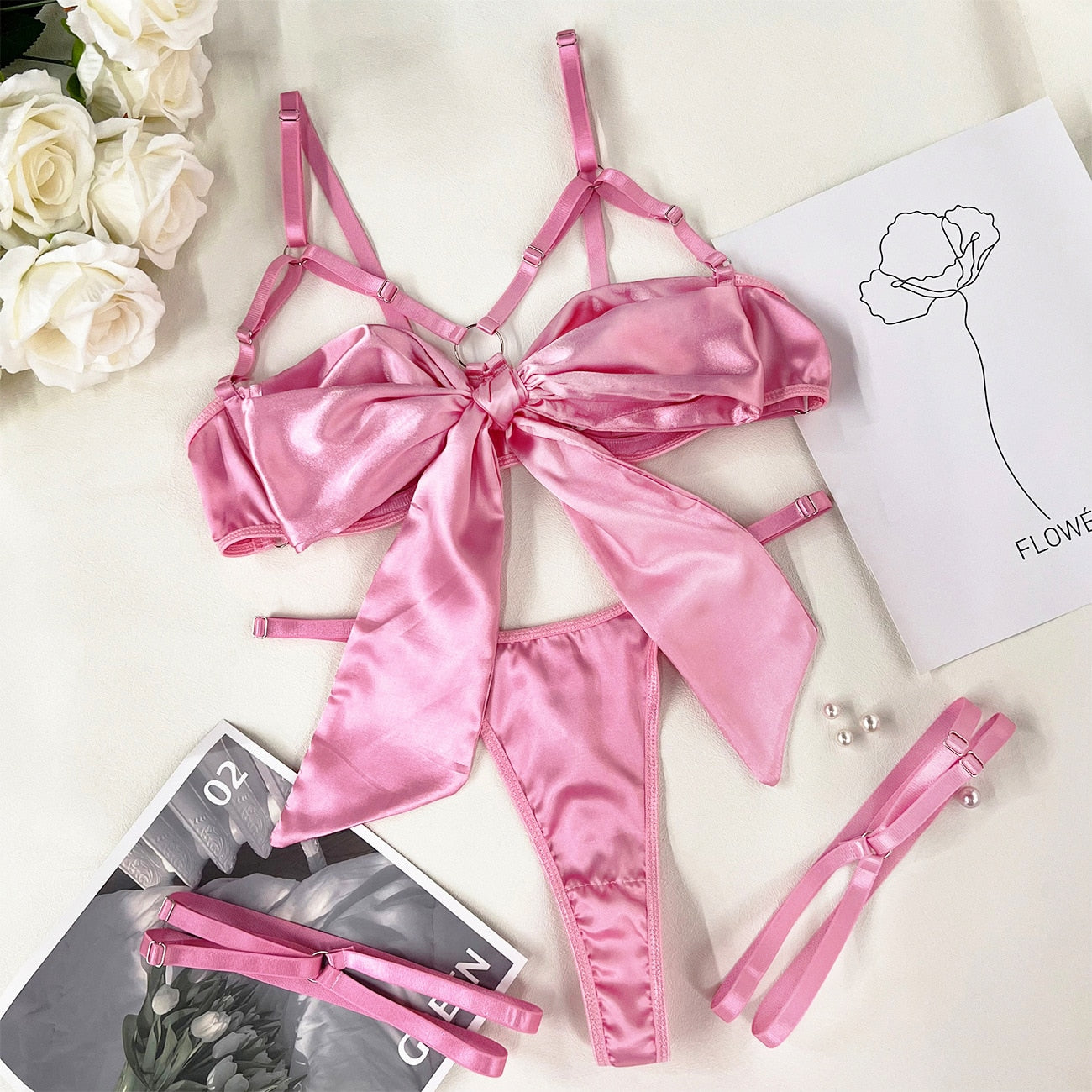 Bowknot Lingerie Open Bra Lace Up Sexy Underwear 3-Piece Satin Erotic Outfit